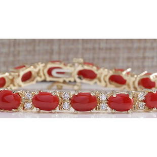 18.44CTW Natural Red Coral And Diamond Bracelet In 14K Solid Yellow Gold: 18.44CTW Natural Red Coral And Diamond Bracelet In 14K Solid Yellow Gold Manufacturer's Suggested Retail Price: $ 5100.00 Stamped: 14K Bracelet Width: 4.95mm Bracelet Length: 7.0 Inches 