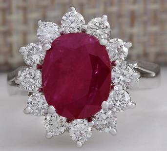 4.03 CTW Natural Red Ruby Diamond Ring 18K Solid White Gold: 4.03 CTW Natural Red Ruby Diamond Ring 18K Solid White Gold Manufacturer's Suggested Retail Price: $ 5200.00 Stamped: 18K Ring Size: 6(FREE SIZING AVAILABLE) Total Ring Weight: 4.6 Grams 