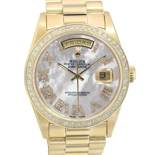 Pre-owned Rolex Day-Date 36mm Presidential Band: Pre-owned Rolex Day-Date 36mm Presidential Band DetailsBrand: RolexCondition: Pre-owned ExcellentModel: Day-Date SpecificationsCase Diameter: 36mmCase Material: 18K Yellow GoldGender: MensDial: