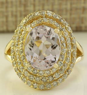 6.07 CTW Natural Peach Morganite And Diamond Ring In 18K Solid Yellow Gold: 6.07 CTW Natural Peach Morganite And Diamond Ring In 18K Solid Yellow Gold Manufacturer's Suggested Retail Price: $ 5000.00 Stamped: 18K Ring Size: 6.5 Total Ring Weight: 7.7Grams Diamond