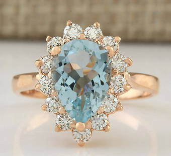 2.31 CTW Natural Aquamarine And Diamond Ring In 14k Solid Rose Gold: 2.31 CTW Natural Aquamarine And Diamond Ring In 14k Solid Rose Gold Manufacturer's Suggested Retail Price: $ 3400.00 Stamped: 14K Ring Size: 5.5 Total Ring Weight: 4 Grams Diamond Weight: 