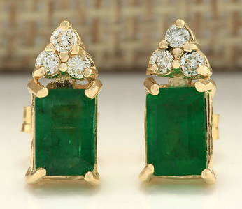 1.60 CTW Natural Emerald And Diamond Earrings 18K Solid Yellow Gold