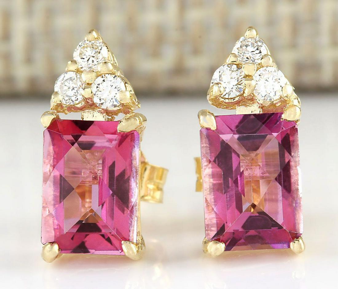 2.65 CTW Natural Pink Tourmaline And Diamond Earrings 18K Solid Yellow Gold: 2.65 CTW Natural Pink Tourmaline And Diamond Earrings 18K Solid Yellow Gold Manufacturer's Suggested Retail Price: $ 2200.00 Stamped: 18K Total Earring Weight: 1.4Grams Diamond Weight: Total Natural d