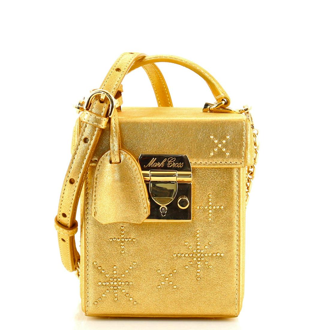 Mark Cross Grace Cube Box Bag Crystal Embellished Metallic Leather: Mark Cross Grace Cube Box Bag Crystal Embellished Metallic Leather ----- Exterior Color: Gold ----- Interior Color: Red ----- Exterior Material: Crystal, Leather ----- Interior Material: Leather -----