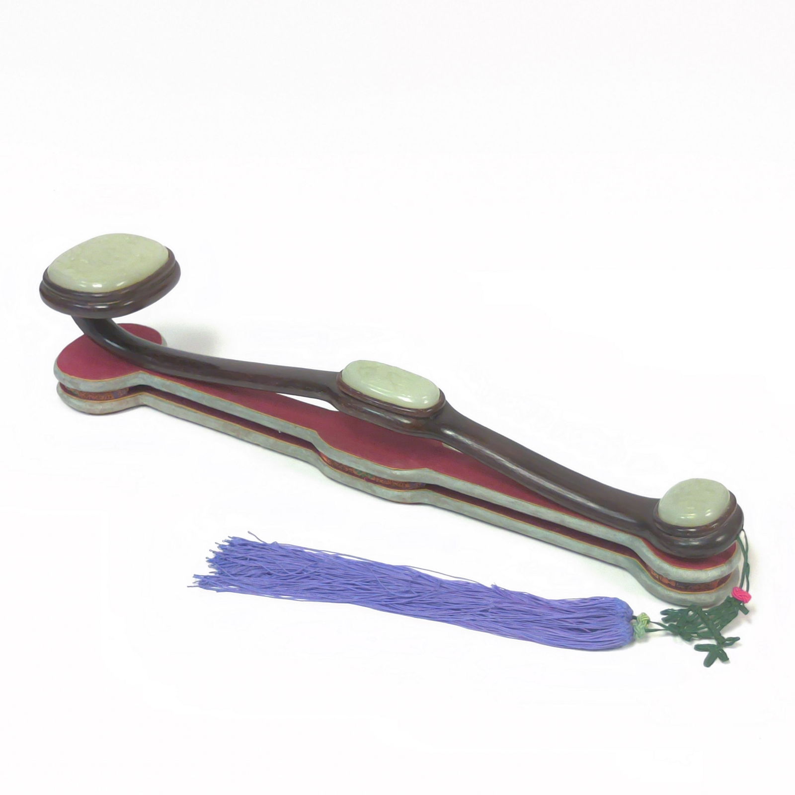 CHINESE ANTIQUE JADE & HARDWOOD SCEPTER: Measures: 19-3/8" L x 4-1/8" W Chinese Antique hardwood and 3 sets of jade inlaid scepter, with purple-blue tassel. All set on silk covered stand. PROVENANCE: William John Odell, Fredericksburg, Virgi