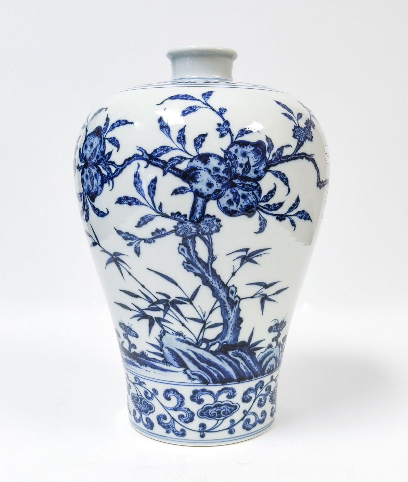 CHINESE BLUE & WHITE POMEGRANATE MEIPING JAR: Measures: 14-5/8" H x 10-1/4" Dia. Chinese antique meiping jar porcelain. Exterior painted with abundant fruiting pomegranates, and banded with wavy water pattern on the foot. All sets in blue and whi