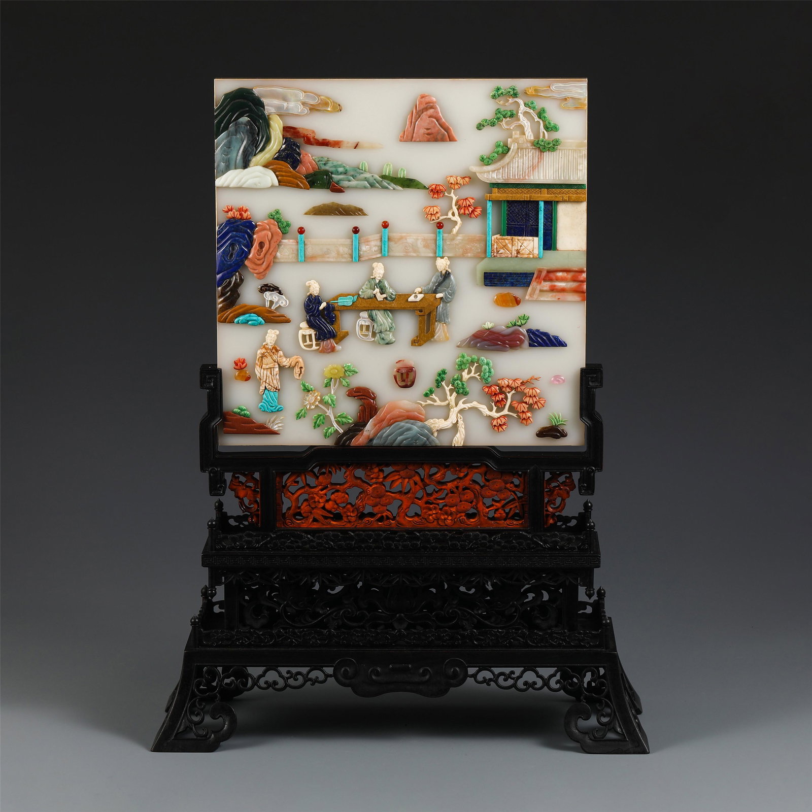 QING JADE INLAID & ZITAN TABLE SCREEN: Qing Chinese Jade Inlaid & Zitan Table Screen. Dimensions: Height: 53 cm Length: 40 cm Width: 17.3 cm Weight: 5480 gram.