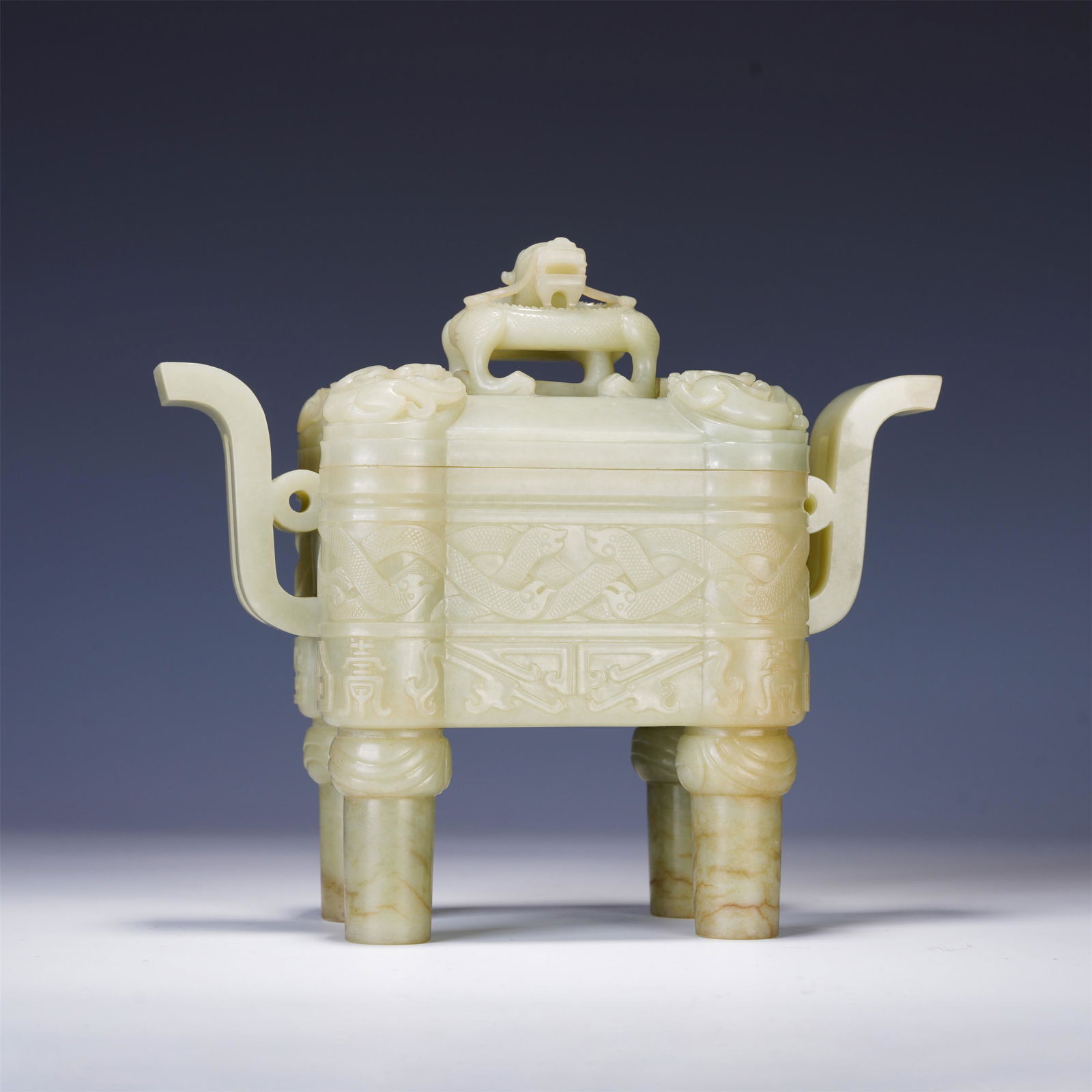 A CHINESE YELLOW JADE CARVED FOUR FOOT INCENSE BURNER (1 of 11)