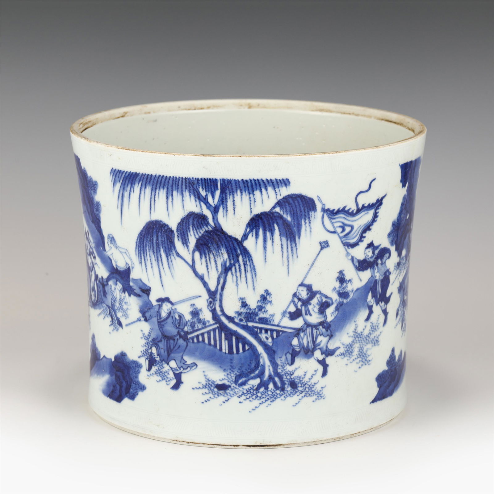 MING LARGE BLUE & WHITE FIGURE BRUSH POT (1 of 10)