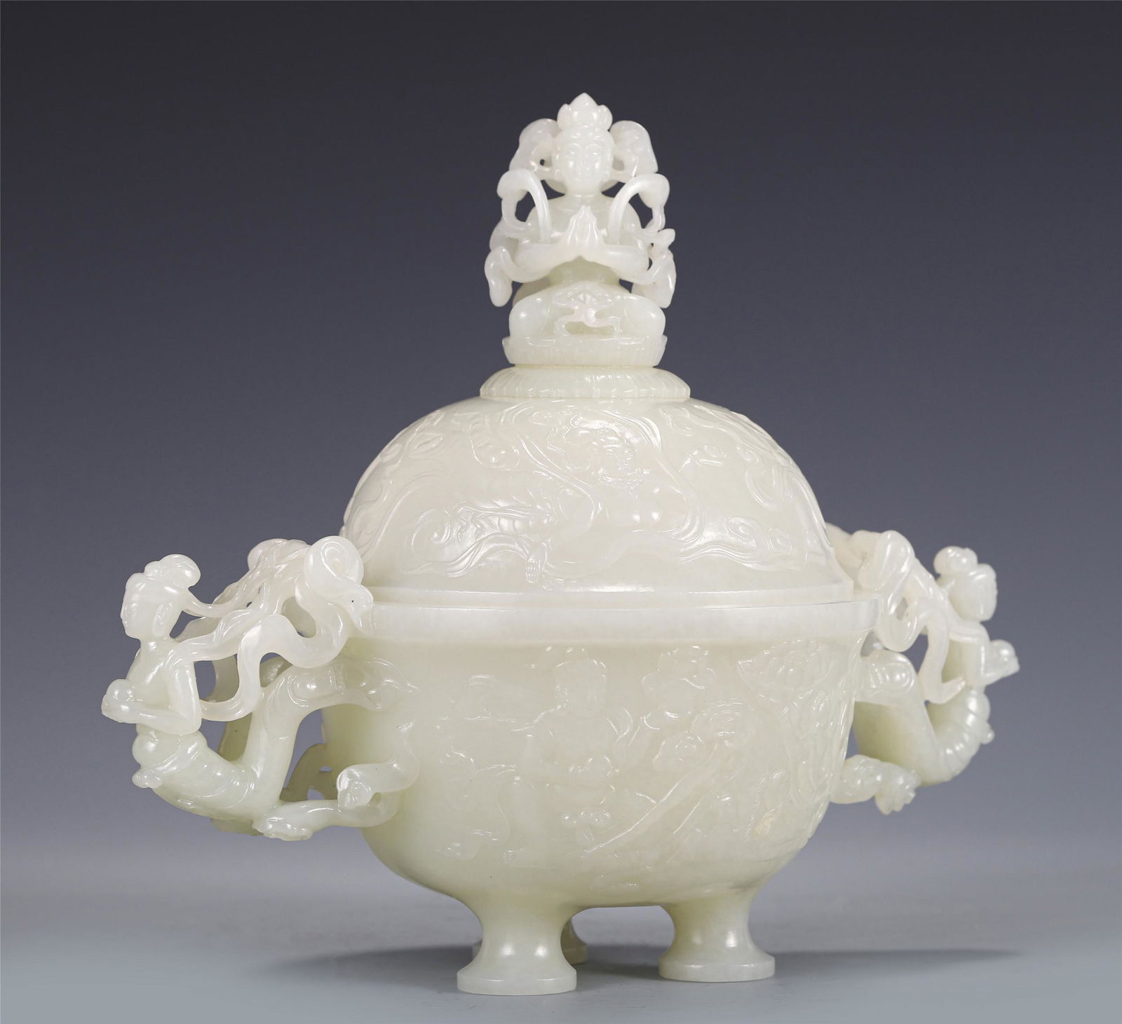 CARVED HETIAN JADE DOUBLE LOOP TRIPOD CENSER (1 of 10)