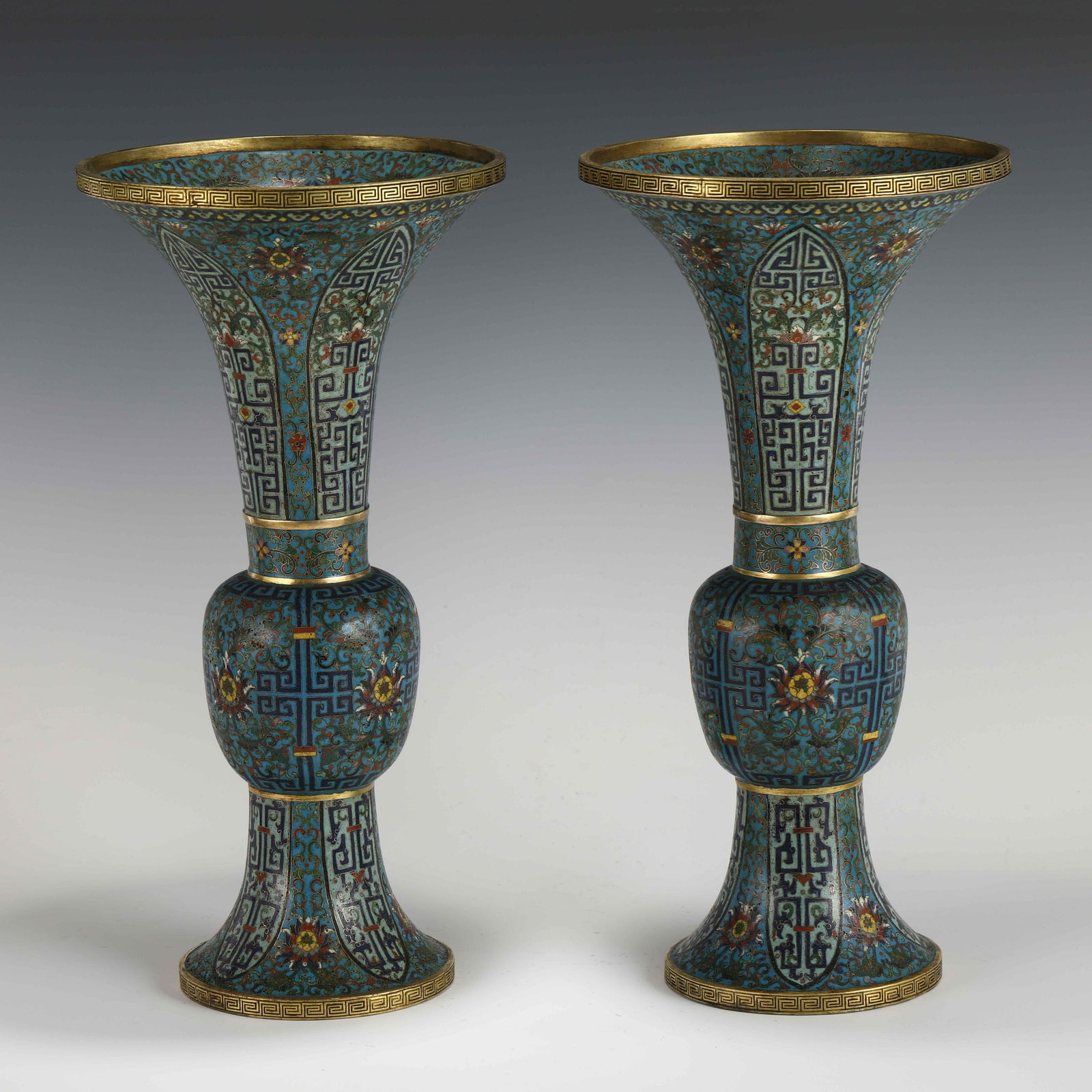 PAIR QING GILT BRONZE CLOISONNE GU VASES (1 of 10)