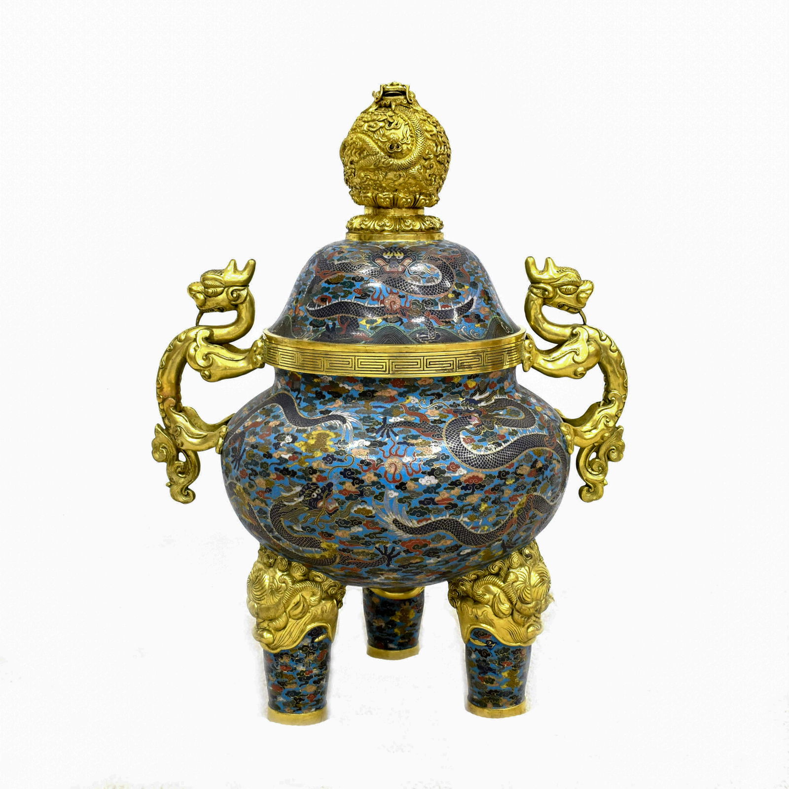 MAGNIFICENT LARGE 24" CLOISONNE COVERED TRIPOD CENSER (1 of 8)