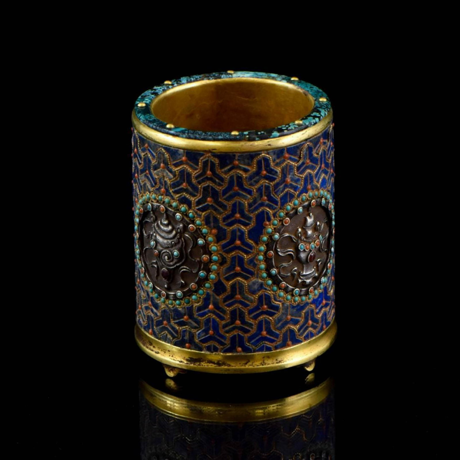BUDDHIST EMBLEMS GILT BRONZE LAPIS LAZULI BRUSH POT (1 of 10)