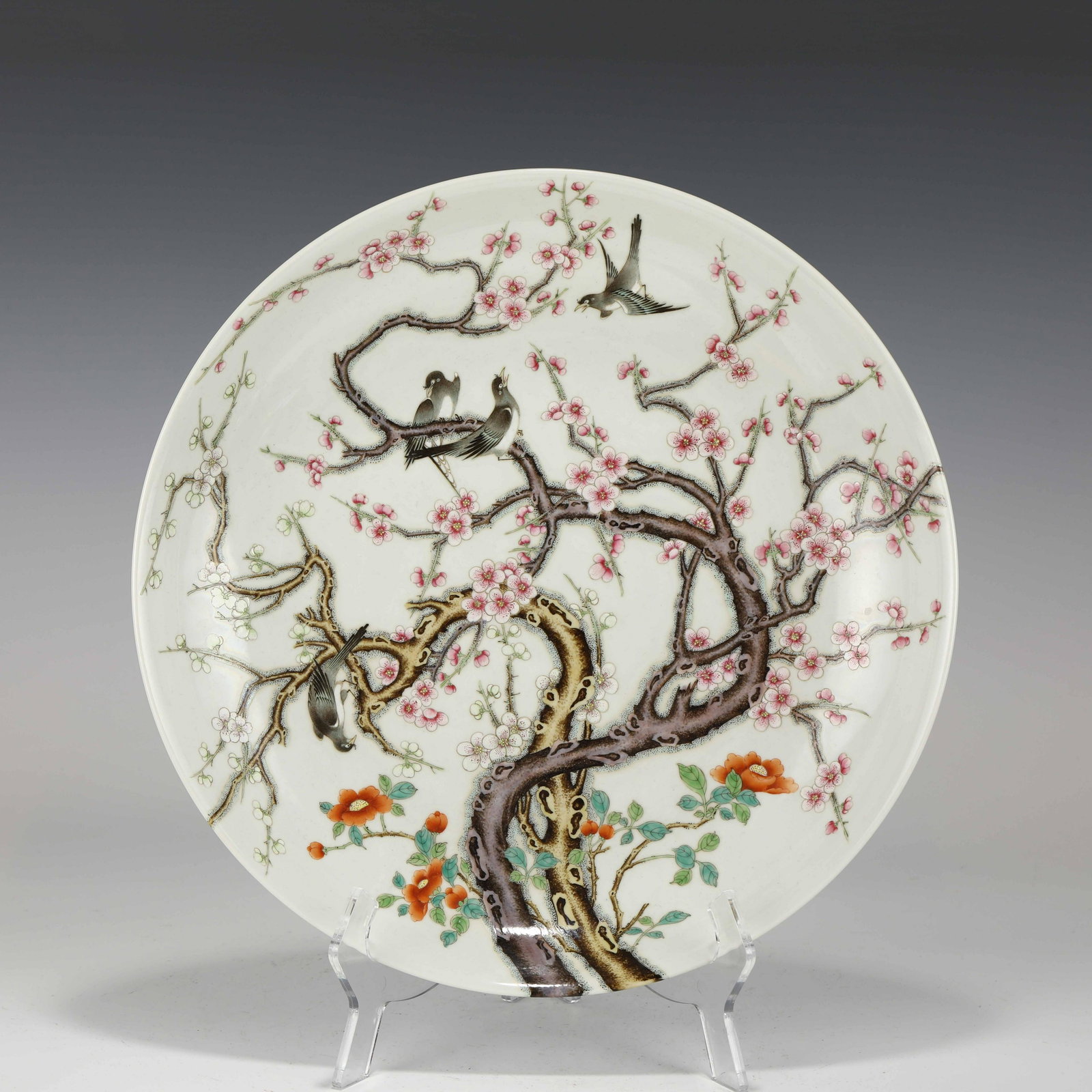QING YONGZHENG FAMILLE ROSE PLATE: Dimensions (cm): Heigth: 6.3?Diam.: 35.8 Chinese Qing Dynasty YongZheng Famille Rose Mei Hua Bloom Porcelain Plate. The plate has a broad wide central interior, rounded mouth lip, thick and large, rai