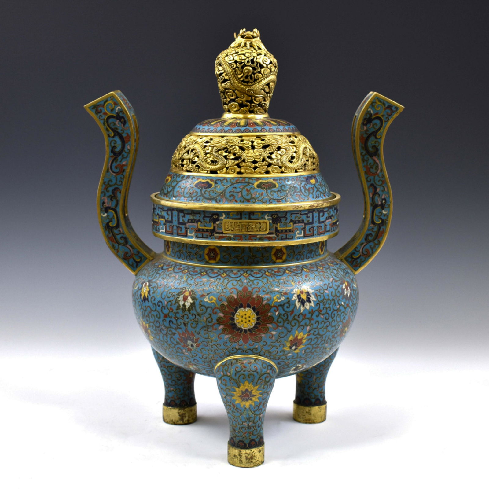 QING GILT BRONZE CLOISONNE COVERED TRIPOD CENSER (1 of 8)