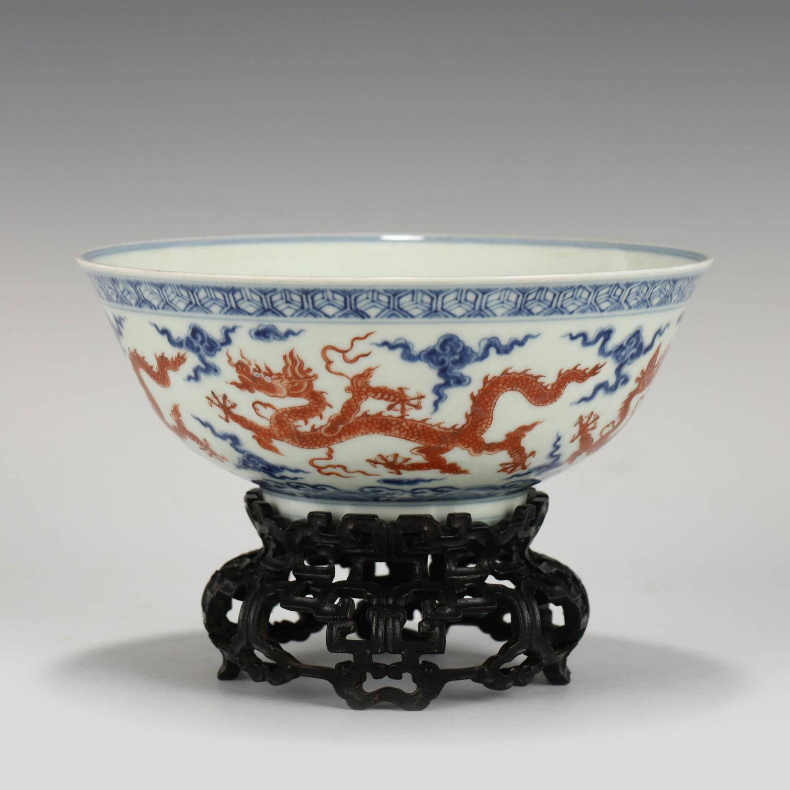 CHENGHUA RED DRAGON & BLUE FLAMES BOWL ON STAND (1 of 10)