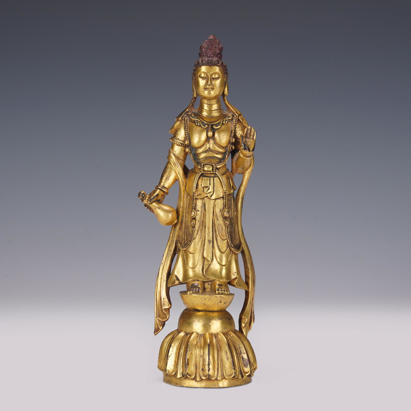 A CHINESE GILT BRONZE FIGURE OF GUANYIN BUDDHA STANDING (1 of 10)