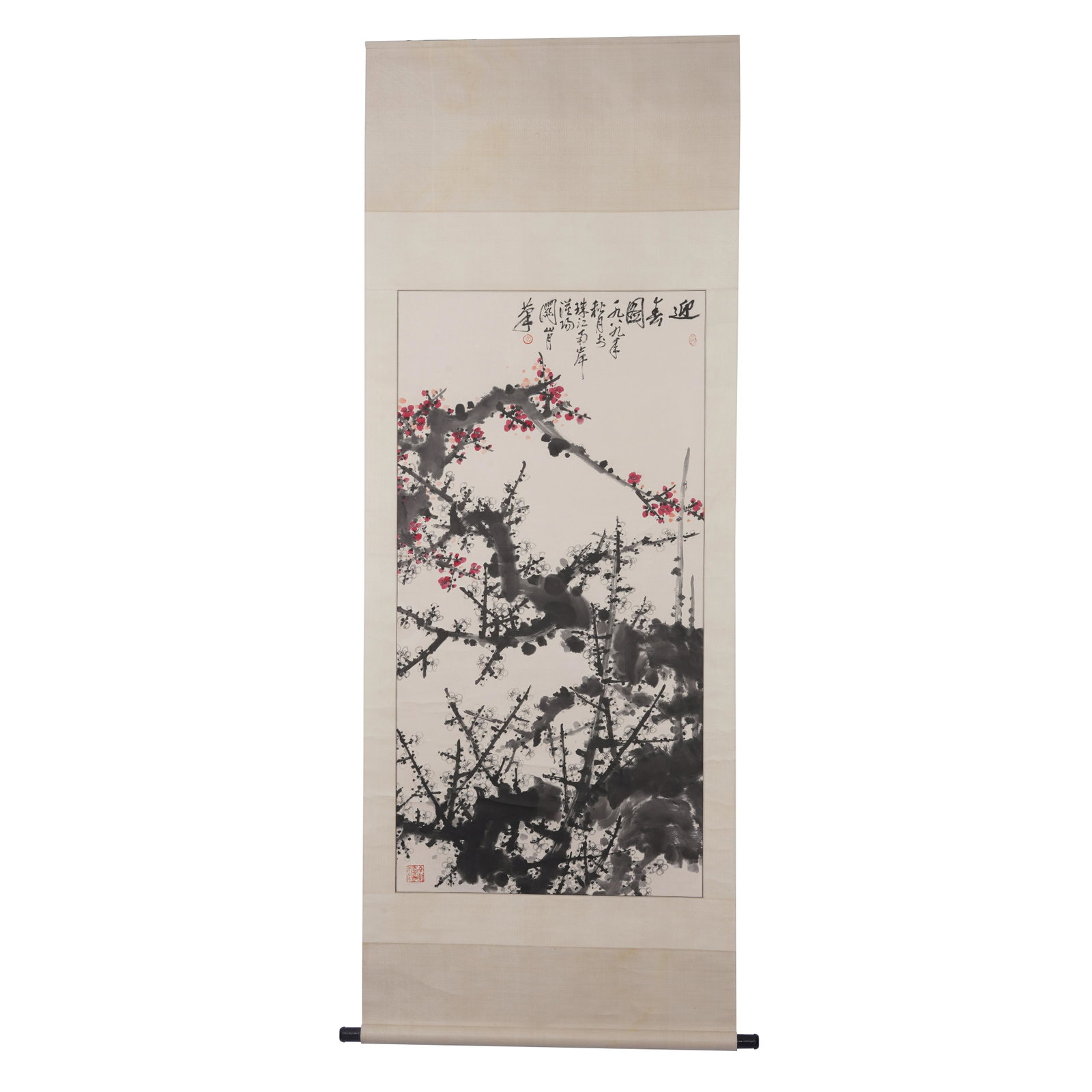 A CHINESE PAINTING OF PLUM BLOSSOM FLOWERS: A CHINESE PAINTING OF PLUM BLOSSOM FLOWERS Image only size 135 cm by 69 cm. Guan Shanyue, formerly known as Guan Zeyi, was born in Guoyuan village, Napeng Township, Yangjiang County, Guangdong Provinc