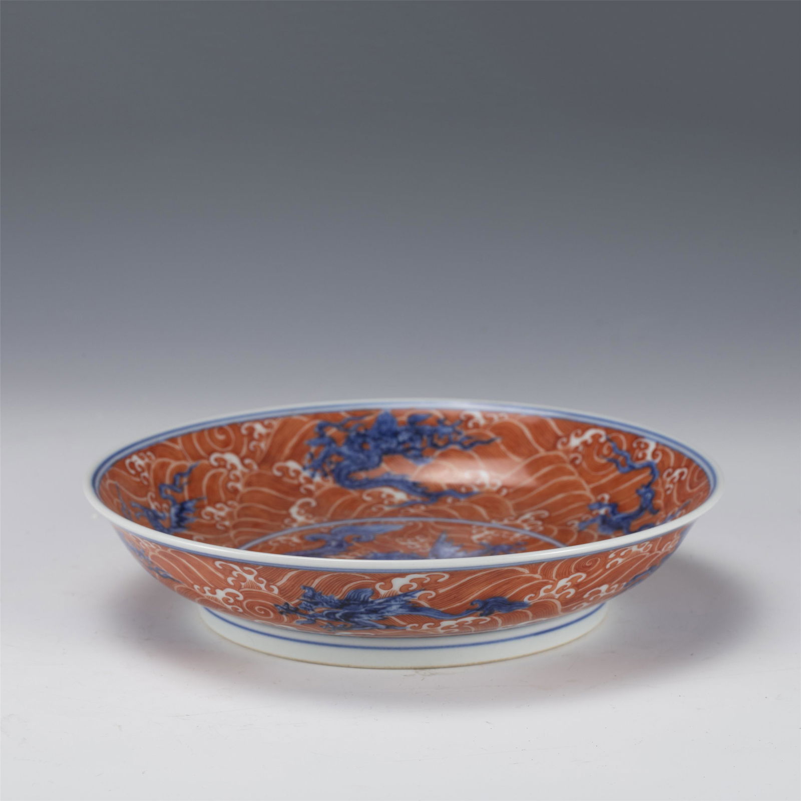 A BLUE AND WHITE IRON RED GLAZED PORCELAIN DRAGON DISH,MING (1 of 10)