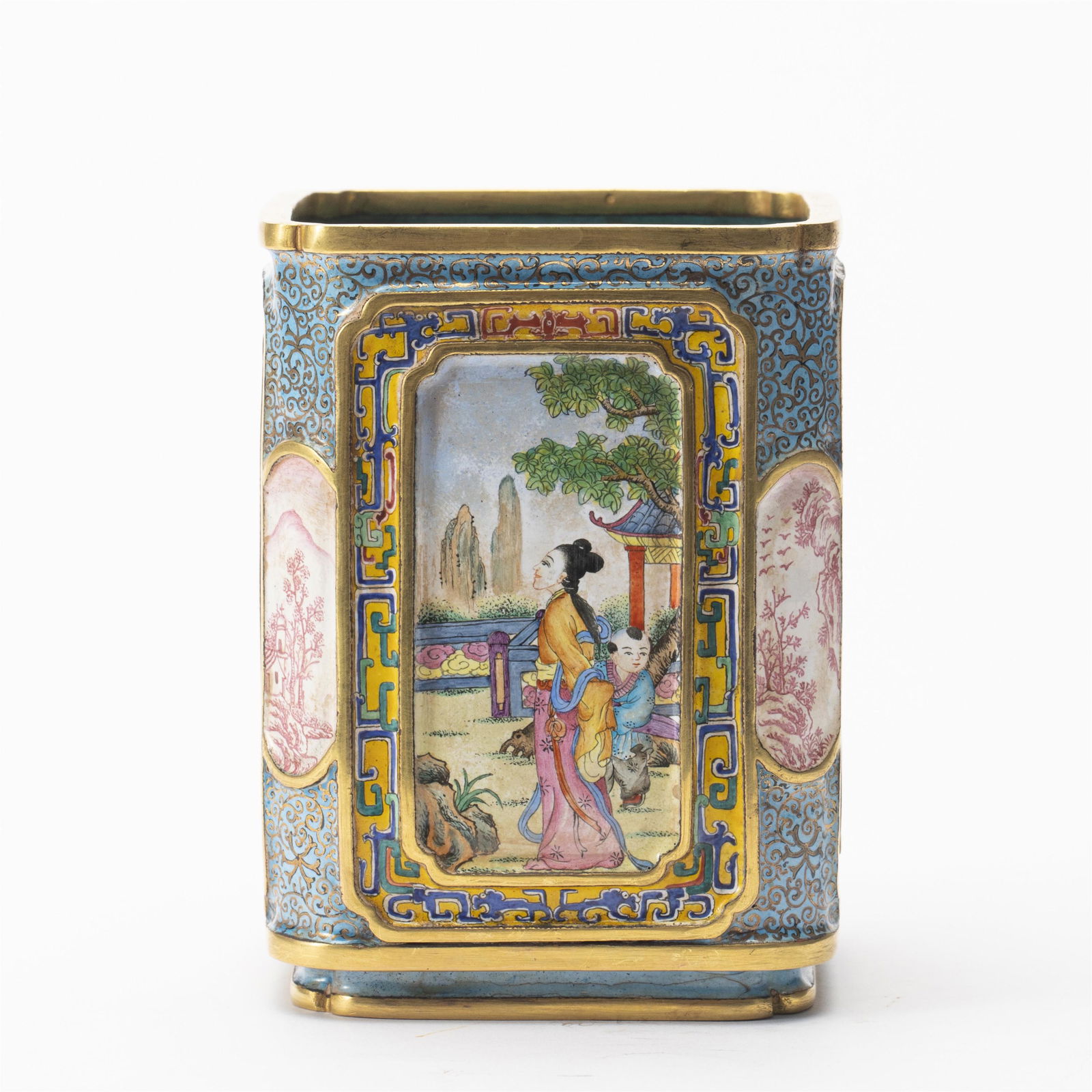 A PAINTED ENAMEL FIGURE STORY BRUSH POT (1 of 9)