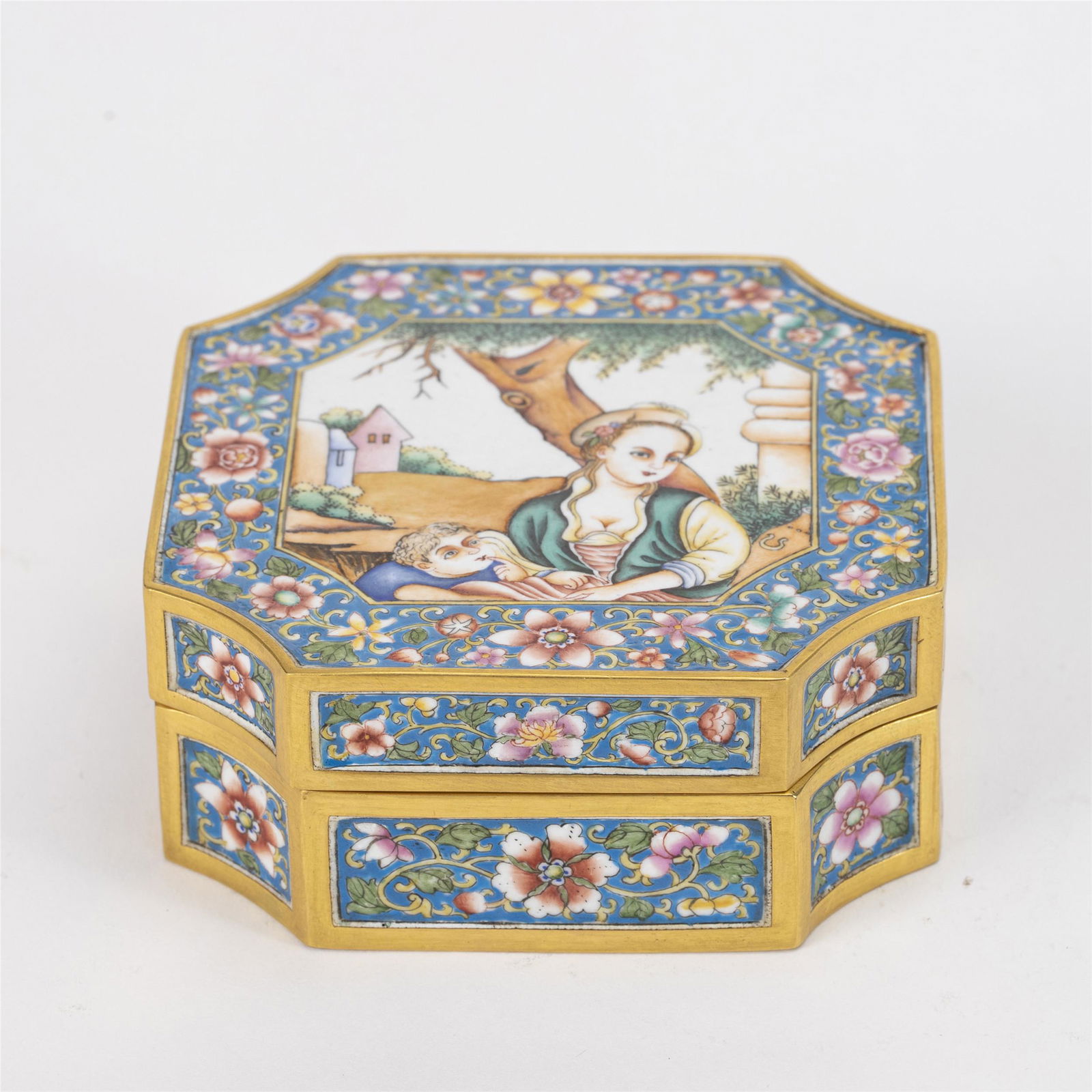 A PAINTED ENAMEL FIGURE STORY AND FLOWERS BOX (1 of 10)