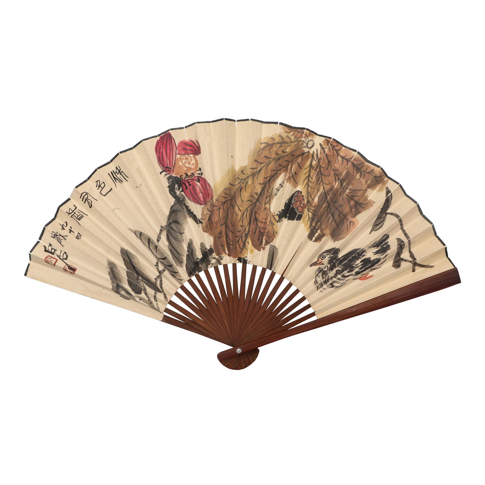 A FOLDING FAN PAINTING OF BIRDS AND FLOWERS ,SIGNED QI BAISHI (1 of 3)