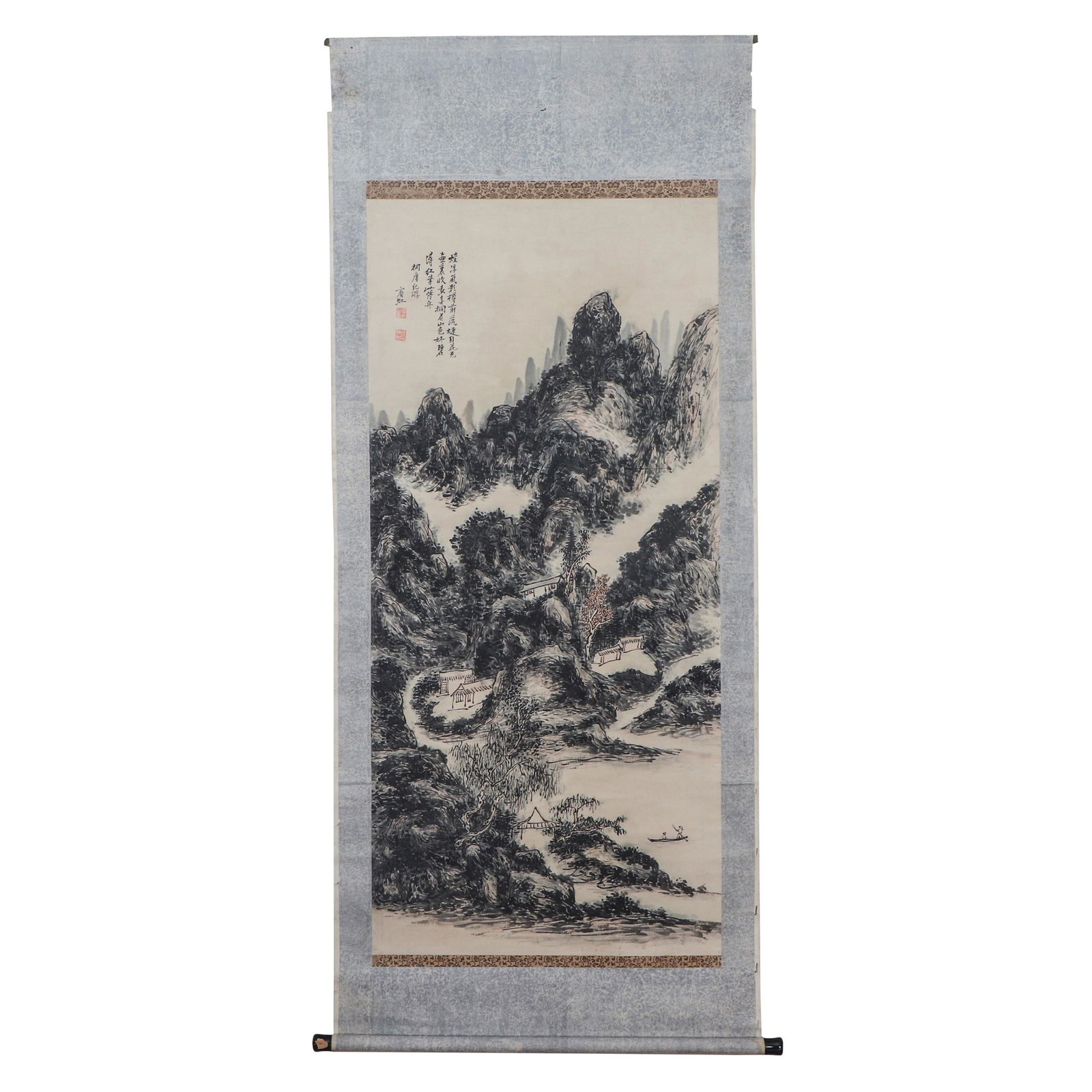A CHINESE PAINTING OF LANDSCAPE AND FIGURES: A CHINESE PAINTING OF LANDSCAPE AND FIGURES Image only size 136 cm by 62 cm. painting depicting mountains landscape and figures, ink and light color on paper, mounted, hanging scroll, inscribed and si