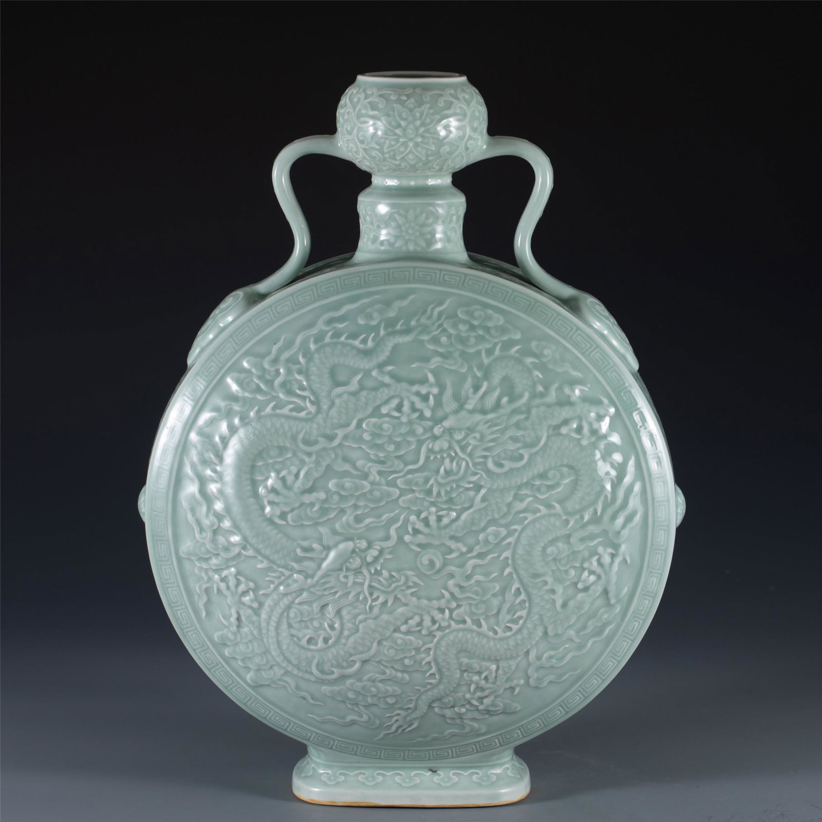 A CELADON GLAZE PORCELAIN CARVED DRAGON FLASK MOON VASE,QING (1 of 11)
