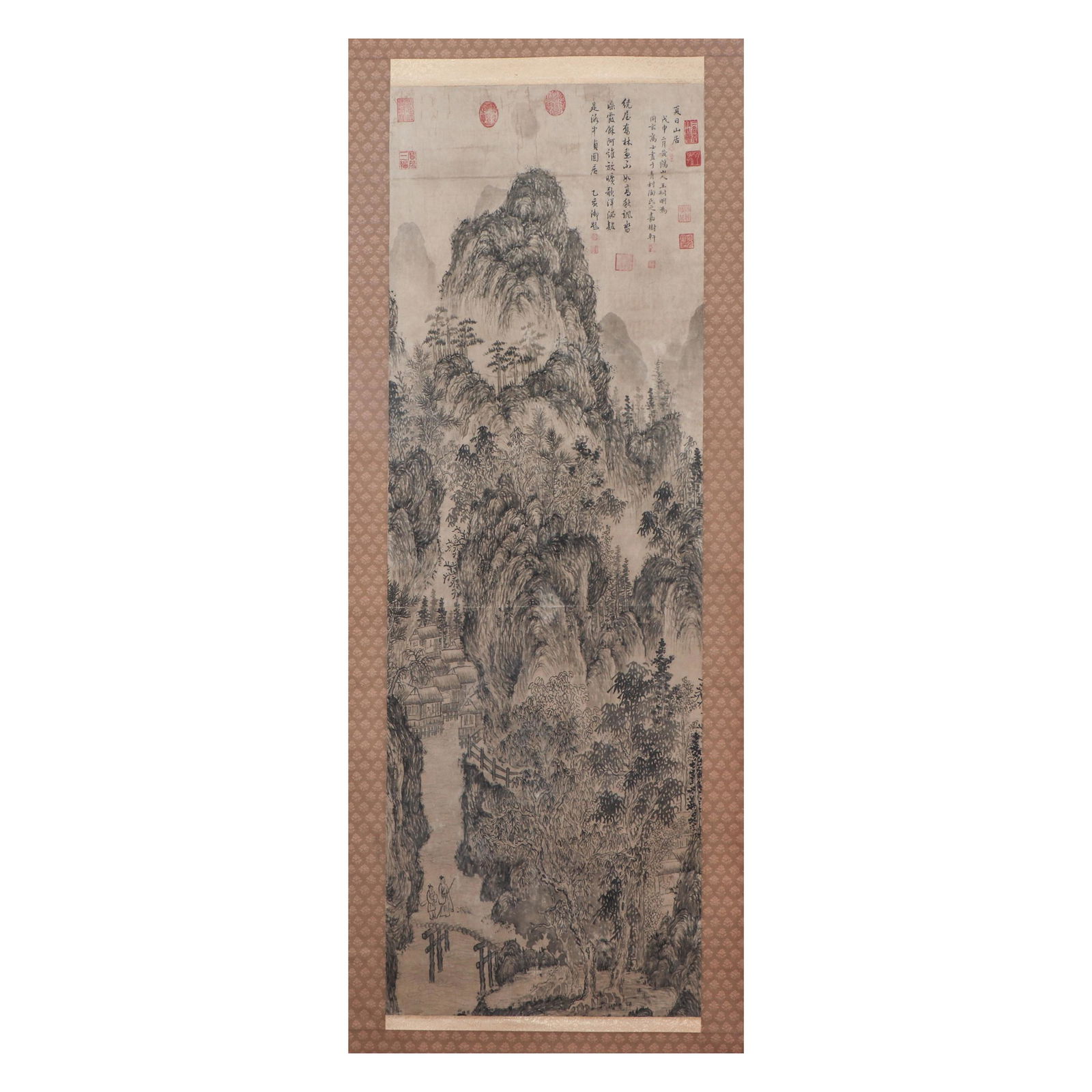 A CHINESE PAINTING OF MOUNTAINS LANDSCAPE,SIGNED WANG MENG: A CHINESE PAINTING OF MOUNTAINS LANDSCAPE,SIGNED WANG MENG Image only size 154 cm by 52 cm. The paintings depict a mountain landscape with figures walking on small Bridges. There are trees on the moun