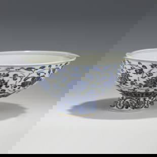 MING XUANDE BLUE & WHITE BOWL: Dimensions (cm): Heigth: 7.8?Diam.: 15.5 Chinese Ming Dynasty XuanDe Blue and White Flower Porcelain Bowl. The bowl has an open mouth, rounded lip rim, thick, deep arced body, raised with round foot r