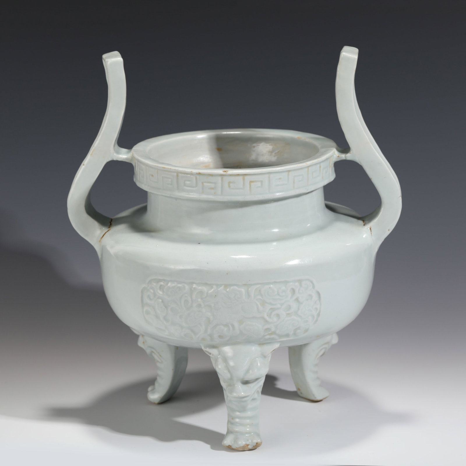 MING DEHUA TRIPOD INCENSE BURNER: Dimensions (cm): Heigth: 32?Diam.: 27.3 Chinese Ming Dynasty Douqing Porcelain Incense Burner. The porcelain potted in shallow vessel form, large thick and deep, globular body, open wide mouth rim, wi