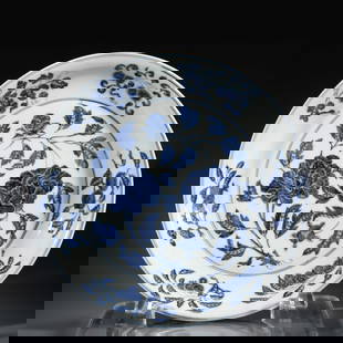 MING BLUE & WHITE PEONY PLATE: Dimensions: Width: 41.8cm, Height: 6.3cm Chinese Ming Dynasty Blue and White Porcelain Plate. The plate has a broad wide central interior, rounded mouth lip, thick and large, raised on correspondence