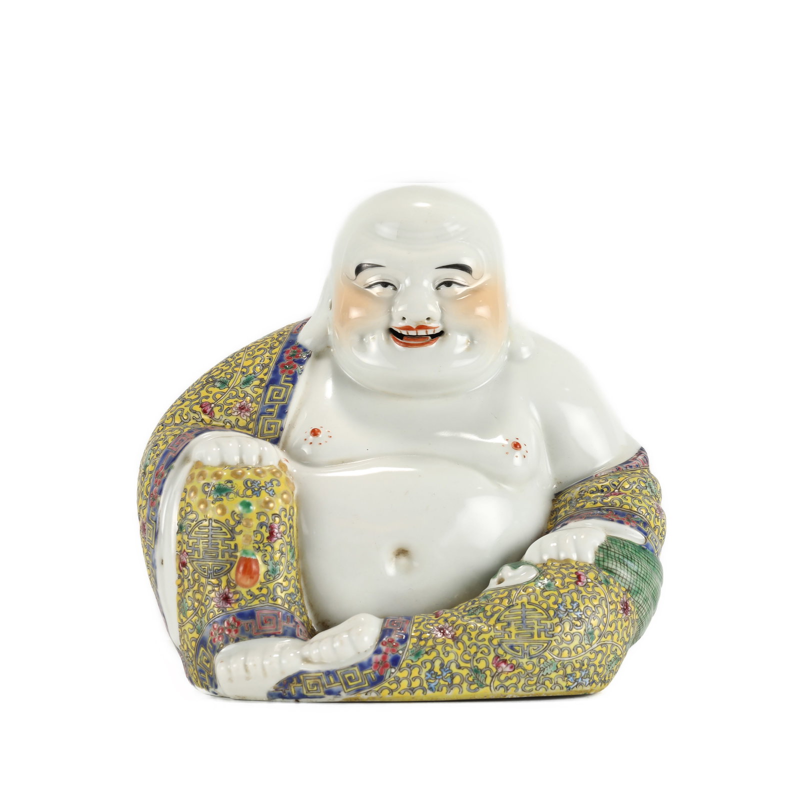 REPUBLIC OF CHINA FAMILLE ROSE BUDDHA STATUE: PROVENANCE: From Audubon, New Orleans Private Collector. Dimensions: Heigth: 20.8 cm, width: 14 cm Republic of China Famille Rose Porcelain Buddha Statue. This statue of Buddha with Peaceful, smiling,