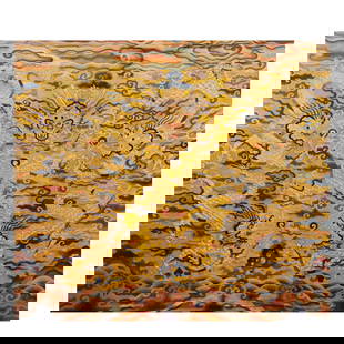 CHINESE EMBROIDERY 5 DRAGONS SILK PANEL: Dimensions: Width:204.47 cm, Height:180.34 cm Chinese Five Dragons Embroidery Silk Panel, Expertly seamed with metallic thread in detail depicted a five-claws Imperial dragon, facing upfront, and Four