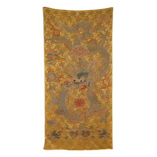 CHINESE EMBROIDERY DRAGON SILK PANEL: Dimensons: Height: in x Width: 30.75in x Depth: 61.875in Qing Dynasty, Chinese embroidery silk panel, Expertly seamed in detail, depicted descending vigorous five-claws Imperial dragon amidst scrollin