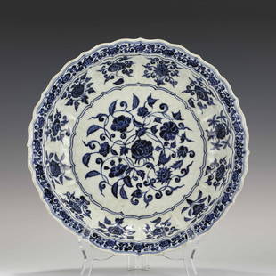 MING BLUE & WHITE BLOSSOM PLATE: Dimensions (cm): Heigth: 6.6 Diam.: 36 Chinese Ming Dynasty Blue and White Blossom Porcelain Plate. The plate has a broad wide central interior, rounded mouth lip, thick and large, raised on correspon