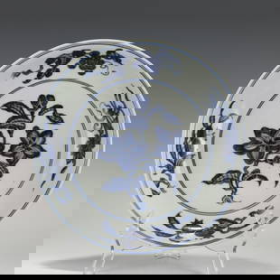 XUANDE BLUE & WHITE HIBISCUS PLATE: Dimensions (cm): Heigth: 5.6 Diam.: 30 Chinese Ming Dynasty XuanDe Blue and White Flowers Porcelain Plate. The plate has a broad wide central interior, rounded mouth lip, thick and large, raised on co