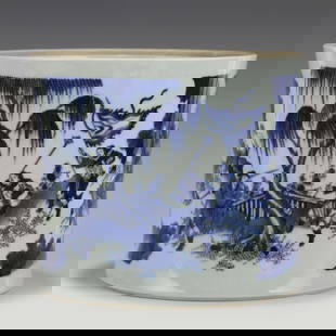 QING BLUE & WHITE LANDSCAPE BRUSH POT: Dimensions (cm): Heigth: 22.8 Diam.: 27 Chinese Qing Dynasty Blue and White Porcelain Big Pen Holder. The Porcelain potted in pen holder shape, cylindrical straight body, thick potted, deep curvature,