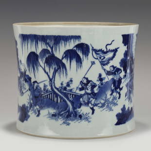 QING BLUE & WHITE LANDSCAPE BRUSH POT: Dimensions (cm): Heigth: 22.8 Diam.: 27 Chinese Qing Dynasty Blue and White Porcelain Big Pen Holder. The Porcelain potted in pen holder shape, cylindrical straight body, thick potted, deep curvature,