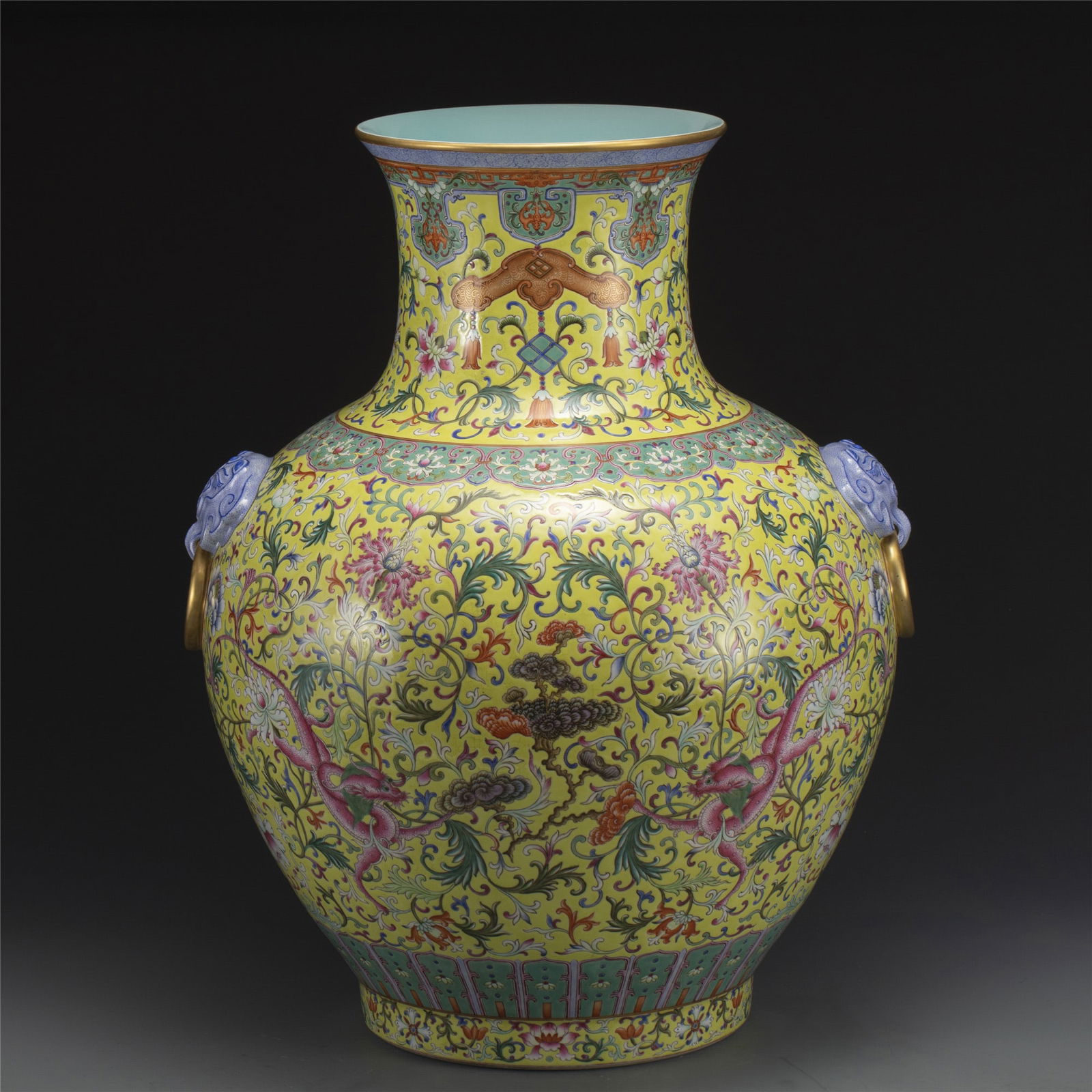 QING QIANLONG FAMILLE JAUNE DRAGON LOTUS LARGE VASE (1 of 9)