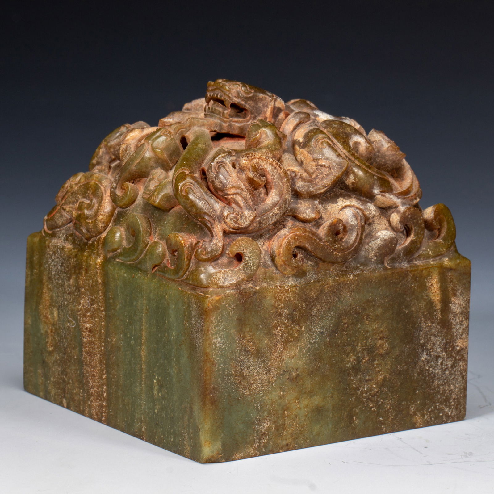 JADE - CARVED SEAL WITH INTRICATE DRAGON - PATTERNED KNOB (1 of 8)