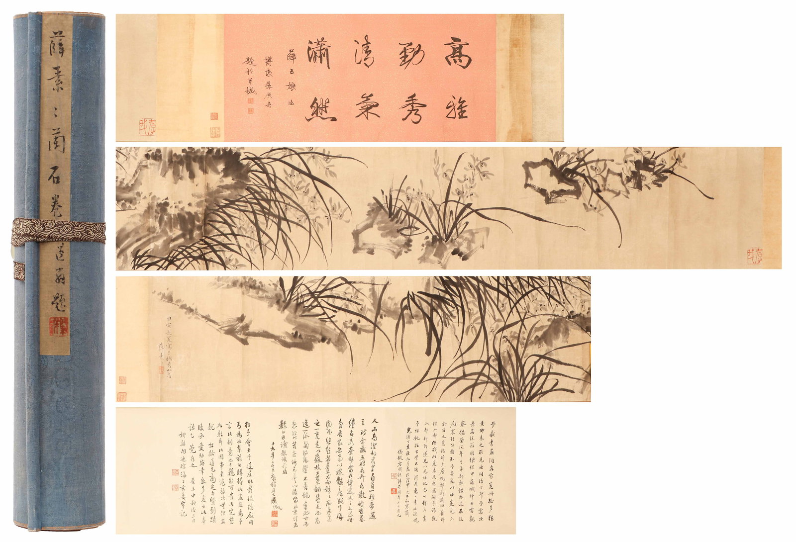 1734 LI QING CALLIGRAPHY LONG HAND SCROLL: Artist: Xue Susu (c. late 16th–early 17th century) Orchid Ink on paper, Yisebiao mount, Horizontal Axis Long Hand Scroll Painting (Sight): 286 cm H x 32 cm W Dated: in The Summer of Jia Yin year