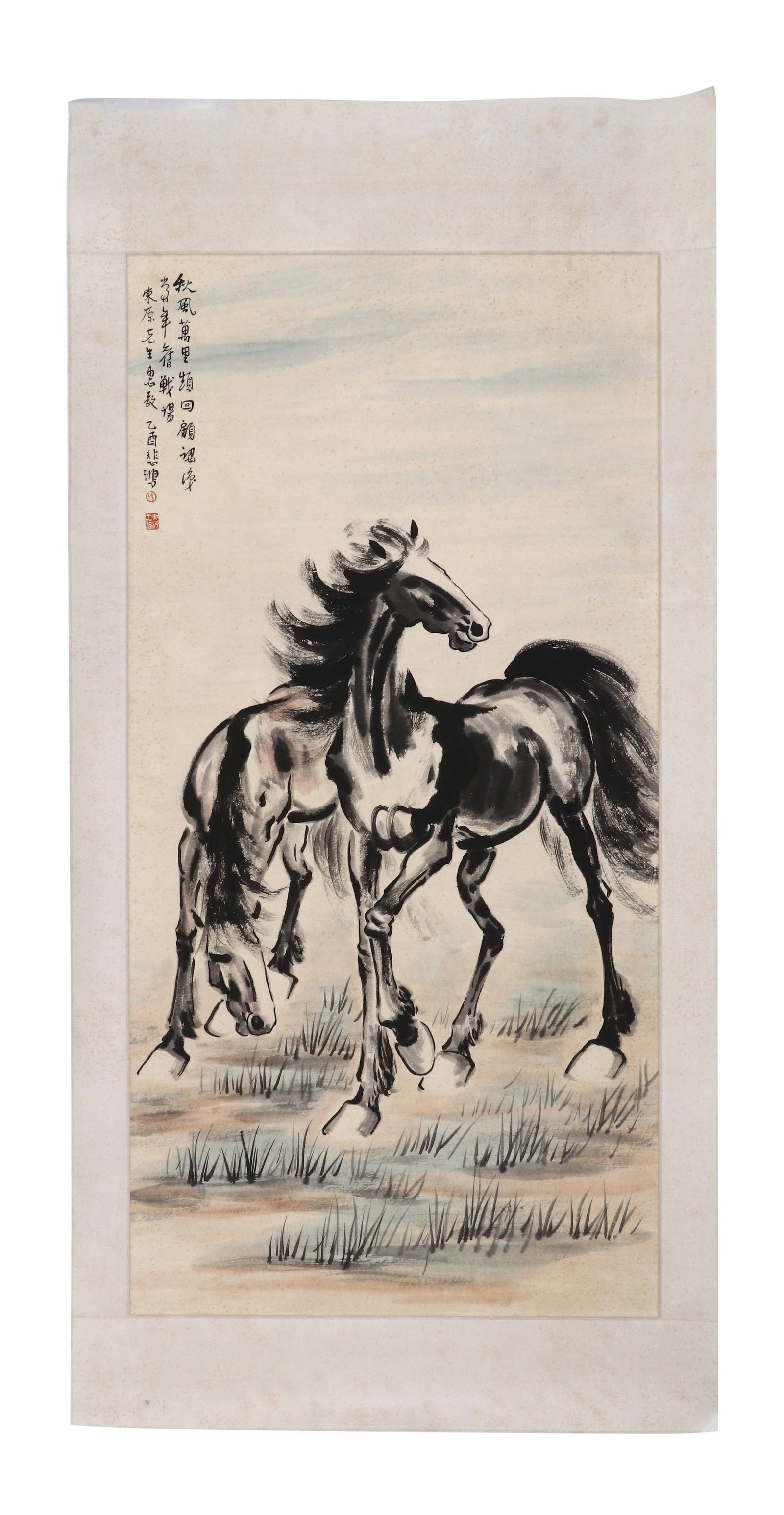 1943 XU BEIHONG TWO HORSES PAINTING: Artist: Xu BeiHong (19 July 1895-26 September 1953) Two Horses Ink on paper, Yisebiao mount, Vertical axis painting Painting (Sight): 137 cm H x 68 cm W Dated: In the Yi You year (1945) Signed/Seal(s)
