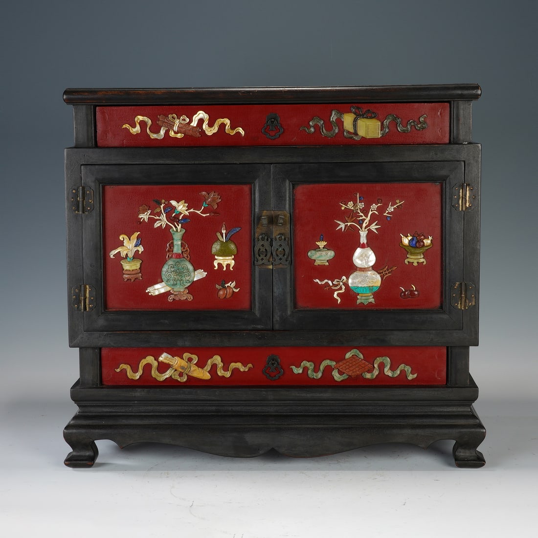 A CHINESE ZITAN INLAID HARDSTONE CABINET (1 of 9)