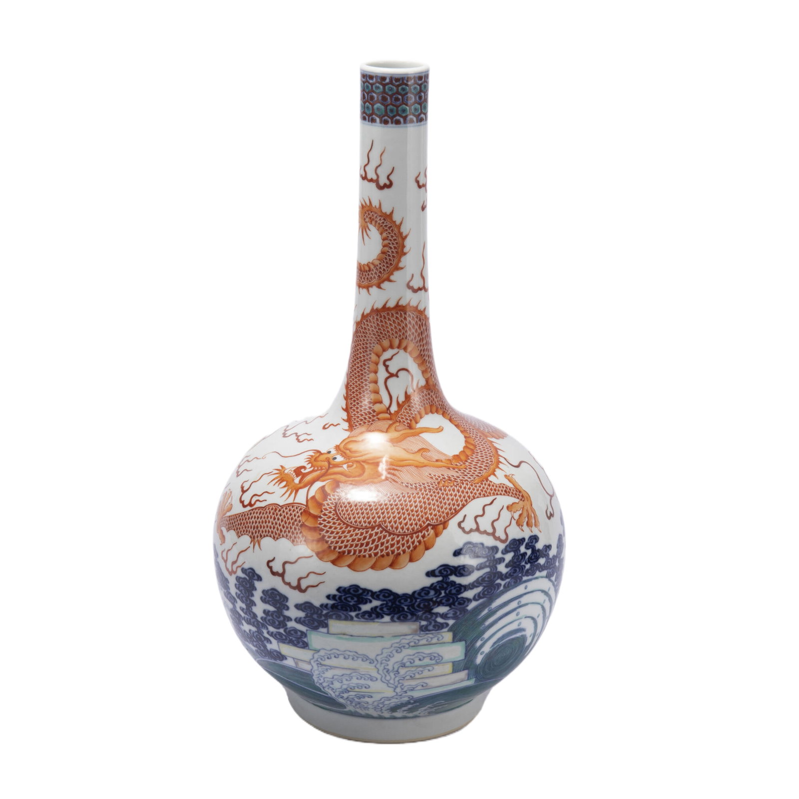 A CHINESE UNDERGLAZE BLUE AND IRON RED BOTTLE VASE (1 of 11)