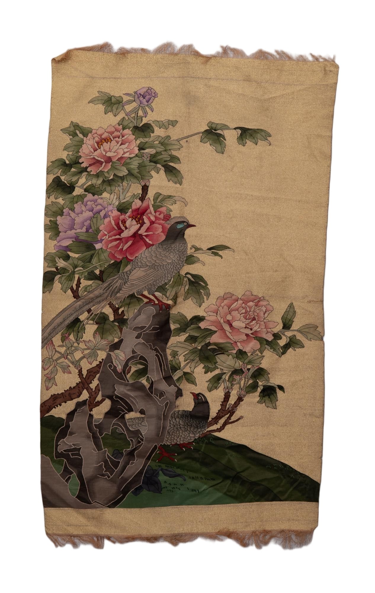 A CHINESE KESI "BIRDS AND PEONIES" TEXTILE PANEL (1 of 10)