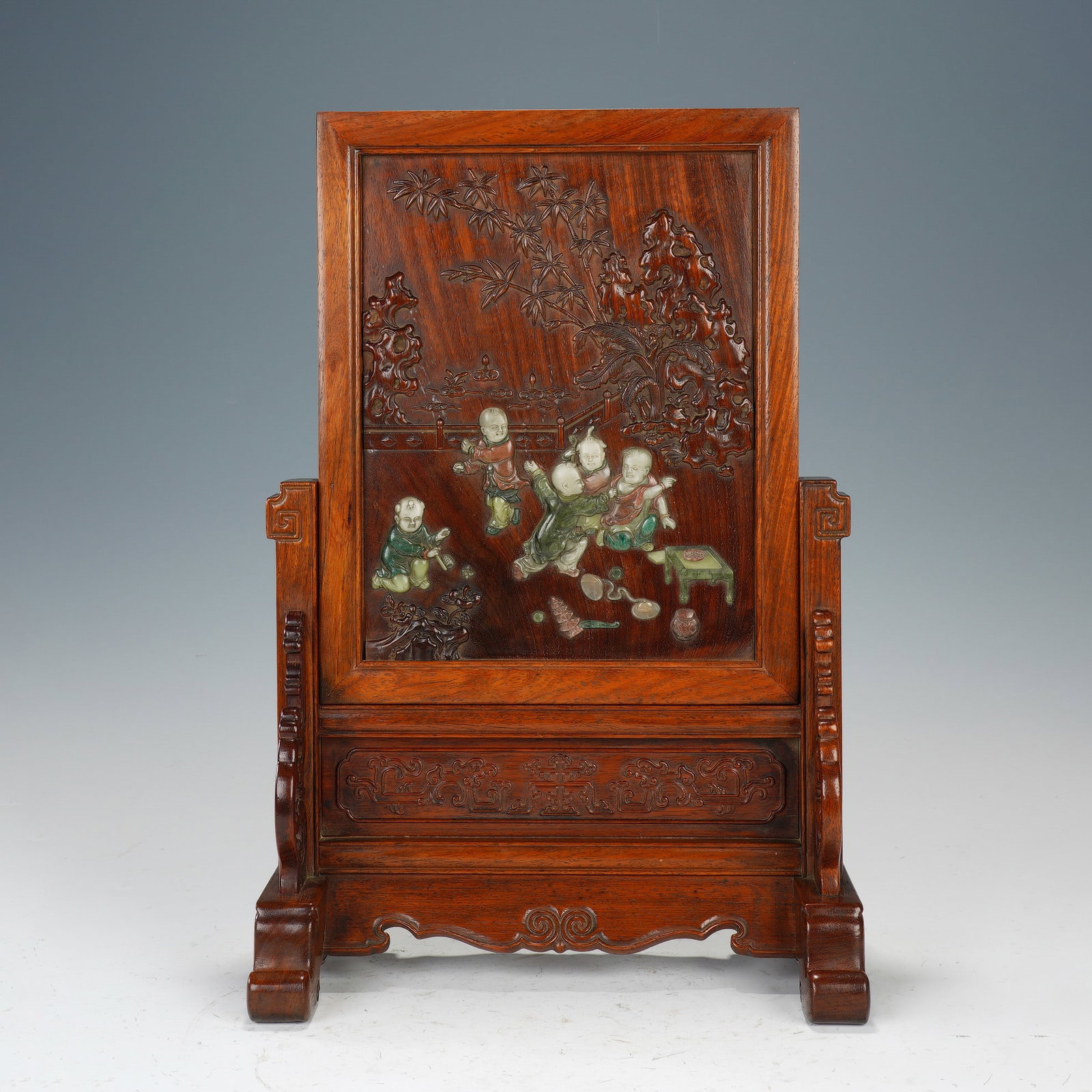 A CHINESE HUANGHUALI INLAID TABLE SCREEN (1 of 9)