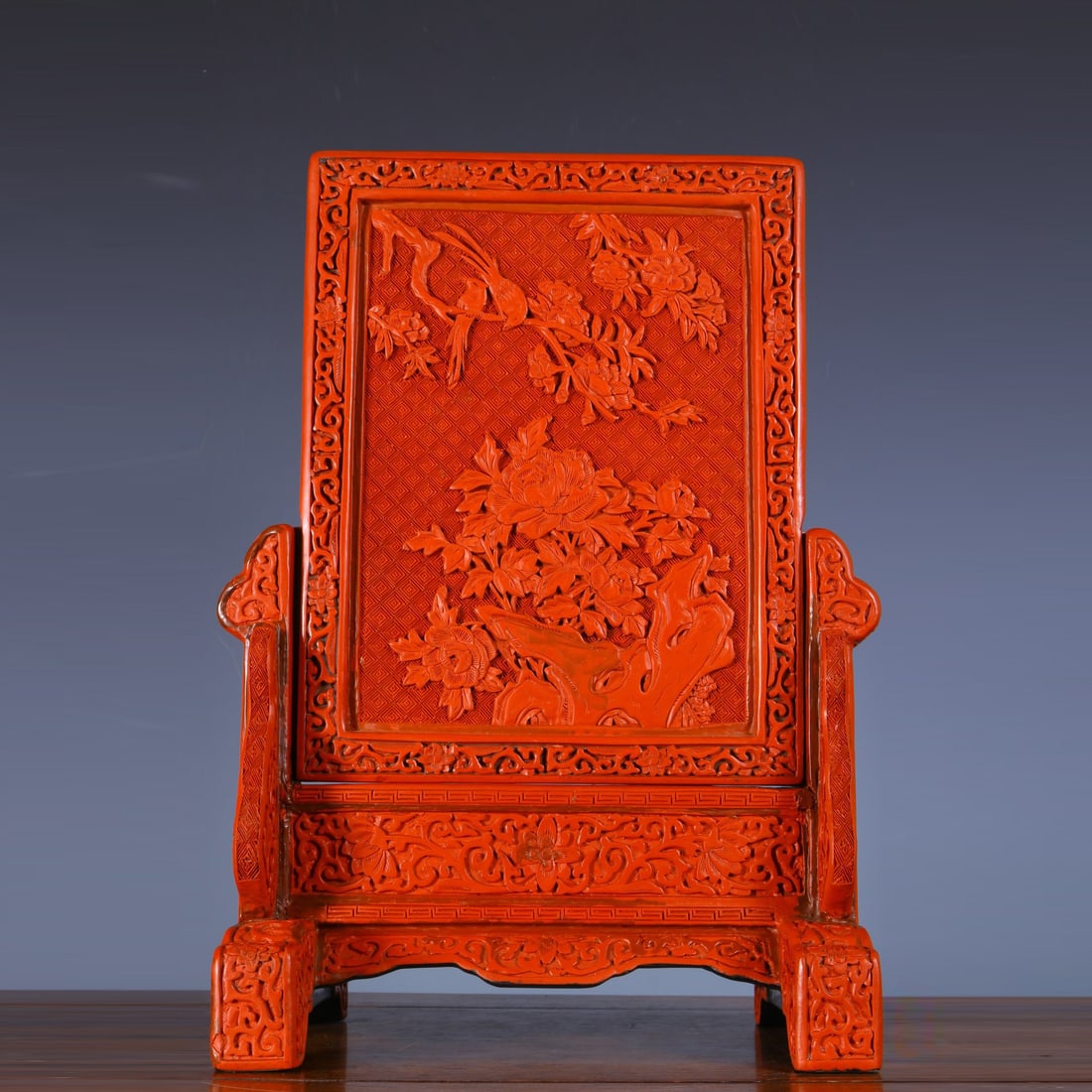 A CHINESE CINNABAR LACQUER TABLE SCREEN (1 of 9)