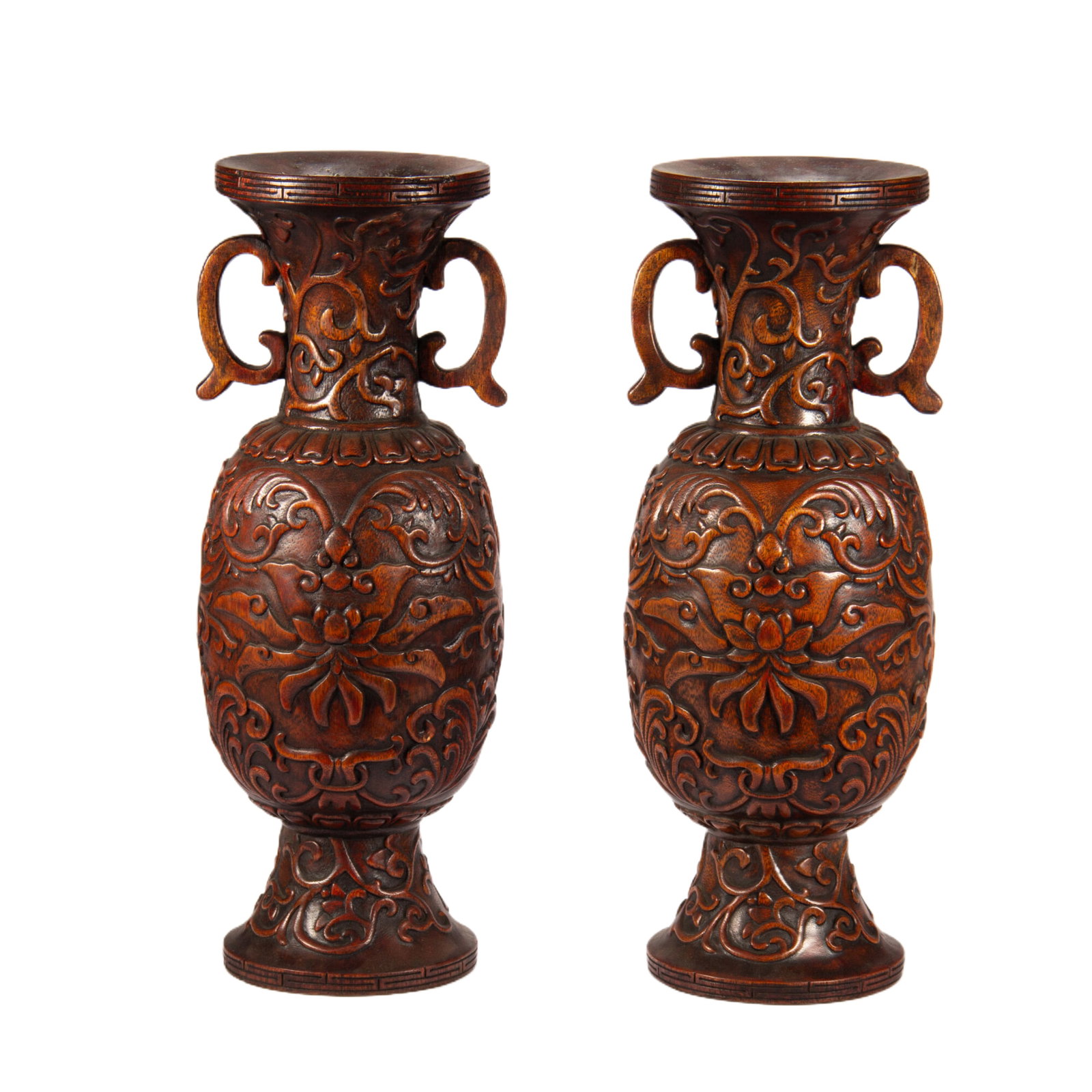 A PAIR OF CHINESE AGARWOOD VASES WITH FLORAL RELIEF (1 of 9)