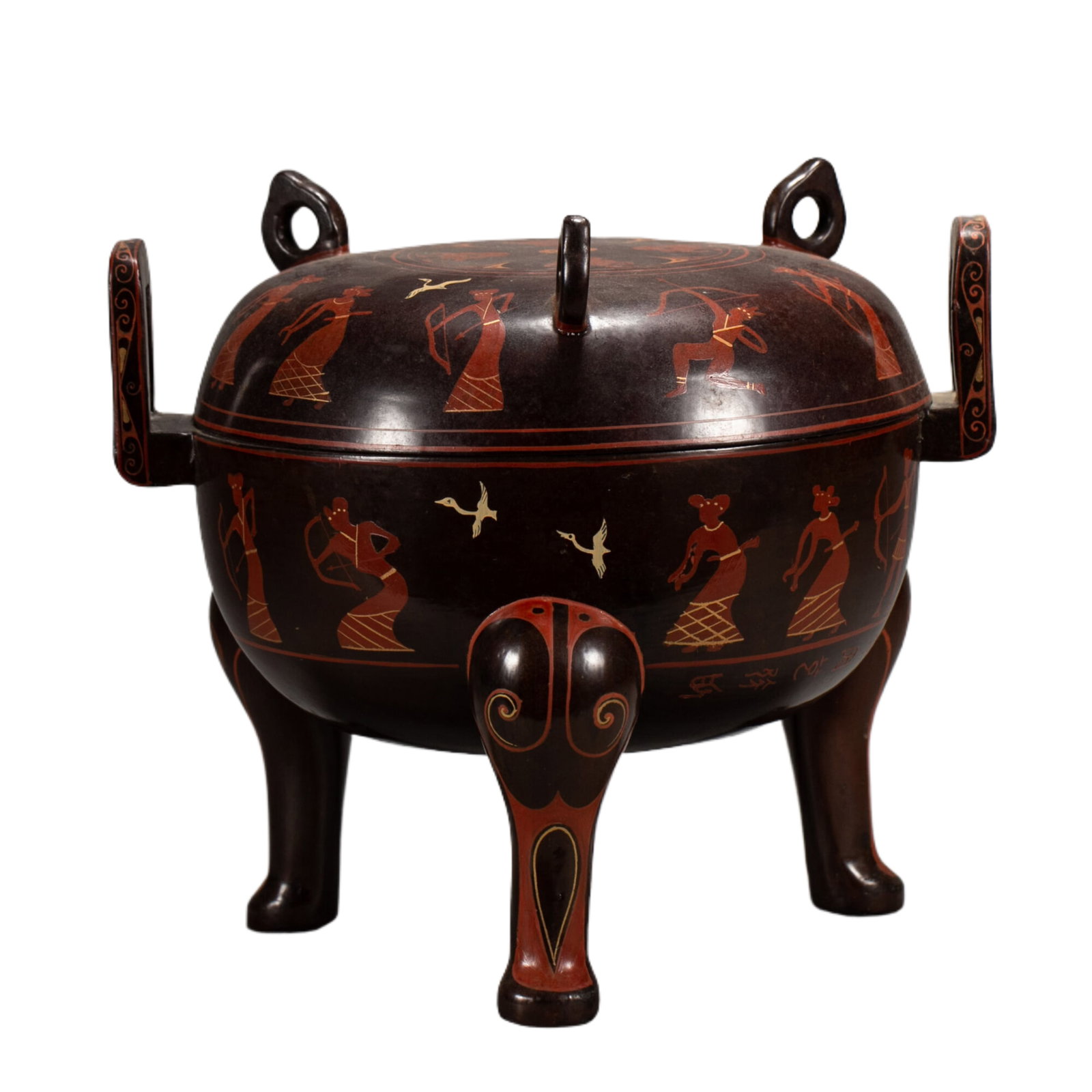 A CHINESE LACQUER TRIPOD DING CENSER: Dimensions:L. 23 cm. W. 23 cm. H. 21 cm. Weight 570 grams. A Chinese tripod ding censer crafted in lacquer, featuring a deep reddish-brown base adorned with vivid red and gold painted scenes of